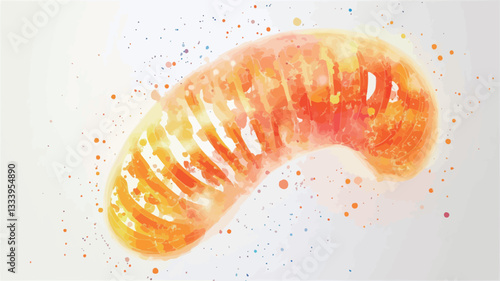 Close-up view of a stylized watercolor painting of a pomelo segment. The image showcases a curved segment with visible internal structure, rendered in shades of orange and yellow.  The background
