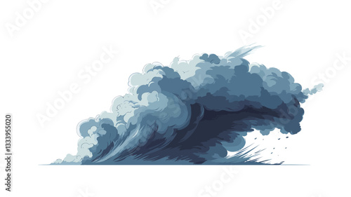 Digital illustration of an abstract smoke or cloud formation.  The image features a dynamic, swirling mass of blue and grey hues, suggesting a burst or explosion. The style is painterly, with