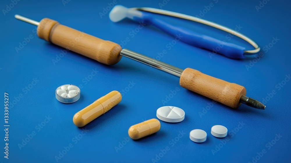 Modern medical setup with pills, syringes, and advanced instruments on a clean blue background