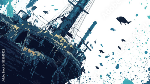 The image depicts a digitally rendered or illustrated scene of a sunken vessel partially submerged in water.  The color palette is predominantly dark blues and teals. The vessel is partially
