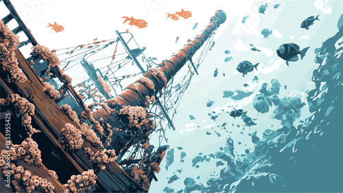 A digital illustration depicting a stylized sunken wooden shipwreck viewed from a low angle underwater. The shipwreck is predominantly blue and teal tones, showing significant encrustation and