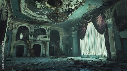 25. A grand, decayed ballroom with a shattered chandelier and torn curtains swaying eerily
