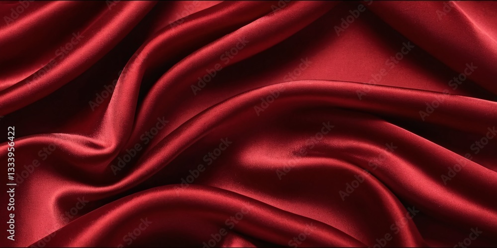 Obraz premium Luxurious Red Satin Fabric with Silky Smooth Texture, Flowing Folds, Rich Crimson Hue, Soft Sheen, Elegant Drapery, Close-Up Detail, Studio Lighting, High-Resolution Fashion Photography Style