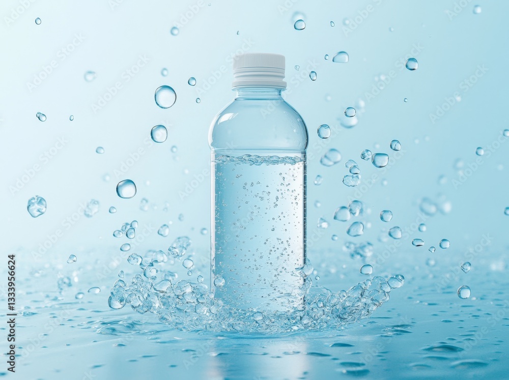 Sparkling Water Bottle Splashing; studio shot; light blue background Sparkling Water Bottle Splashing; studio shot; light blue background