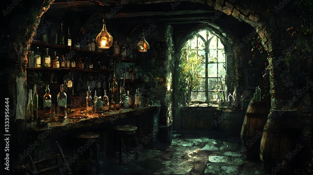 Fototapeta premium 41. A dimly lit potion shop filled with old glass bottles, strange herbs, and shadowy corners