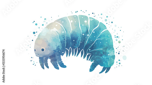 A digital watercolor painting depicts a water bear (tardigrade) in a curled position. The illustration uses a soft, painterly style with a gradient of blue and turquoise hues, giving the creature a