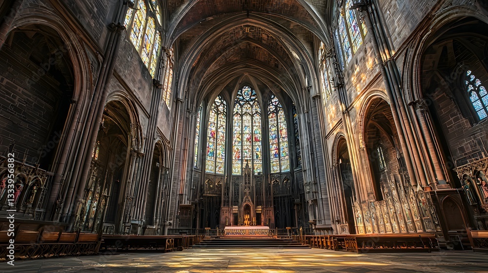 44. A grand but decaying cathedral with its stained glass windows cracked and dusty 44. A grand but decaying cathedral with its stained glass windows cracked and dusty