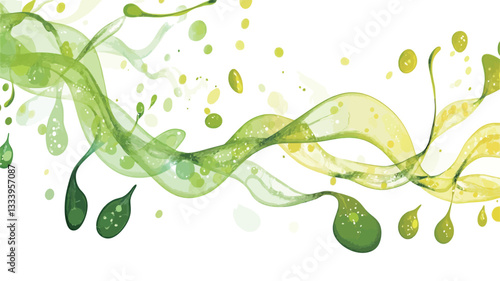The image showcases an abstract composition featuring flowing, translucent green and yellow liquid forms against a stark white background.  The liquid appears to be in motion, creating dynamic