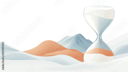 A digital illustration depicting a glass hourglass filled with a white substance, positioned in the foreground against a background featuring a stylized landscape. The landscape is divided into