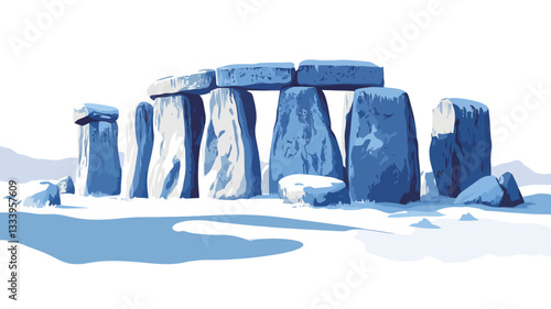 A stylized vector illustration depicting a structure resembling Stonehenge, rendered in shades of blue. The stones are covered in snow or ice, suggesting a winter setting. The background is a