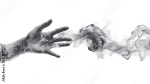 The image is a grayscale illustration or digital artwork depicting two hands reaching towards each other.  The hands are semi-transparent, appearing almost smoky or made of smoke themselves.