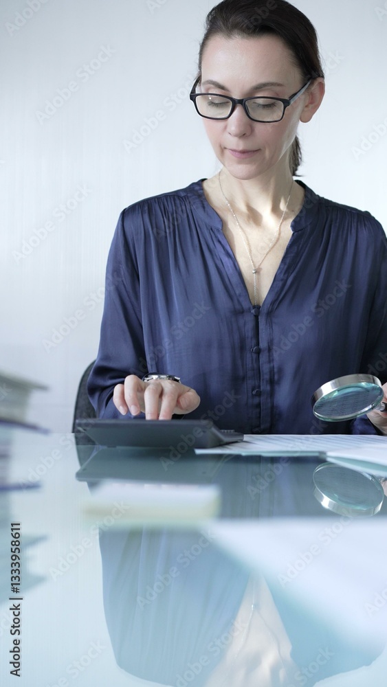 Woman accountant examining financial documents with magnifying glass at glass office desk, conducting thorough analysis of business transactions. Audit and taxes in business
