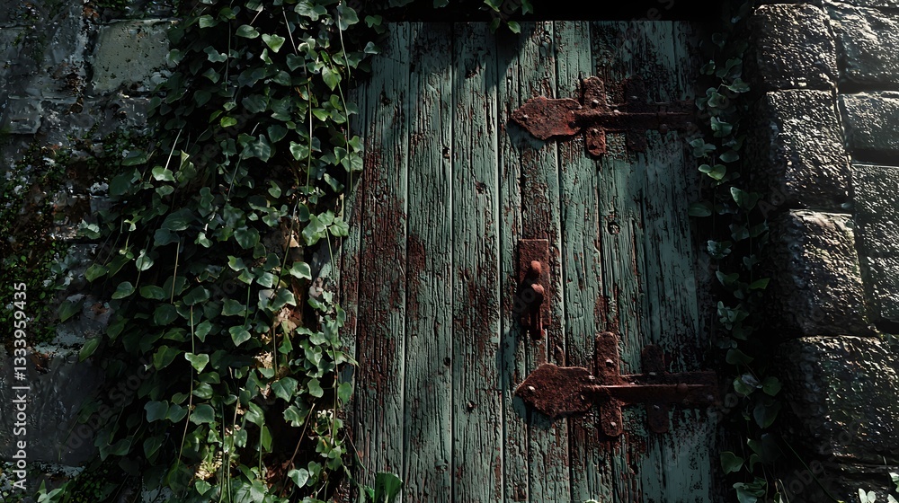 71. A decaying wooden door reinforced with rusted iron hinges, hiding untold secrets 71. A decaying wooden door reinforced with rusted iron hinges, hiding untold secrets