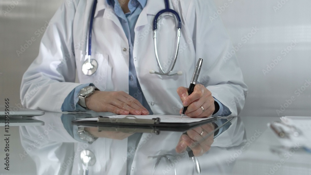 Woman doctor, wearing a blue blouse under a white medical coat, is using a clipboard and taking notes on glass desk in a medical office, close-up. Medicine