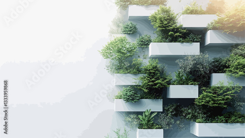 The image shows a modern vertical garden design.  A white wall is partially visible on the left, creating a bright, clean background.  The right side is dominated by a series of rectangular, white