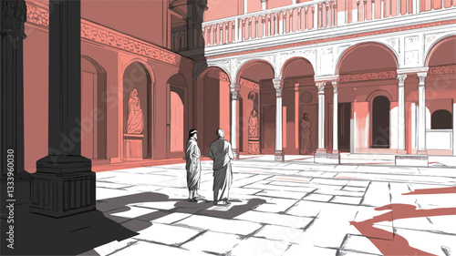 Digital illustration depicting a courtyard scene. The style is minimalist, using primarily muted red and pink tones with black accents. The courtyard features classical architecture with arches,