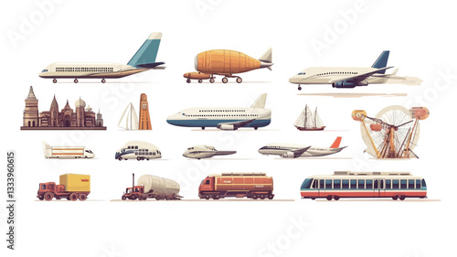 A digital illustration featuring a collection of various transportation icons, rendered in a stylized, flat vector design with a muted color palette. The icons depict a range of transportation