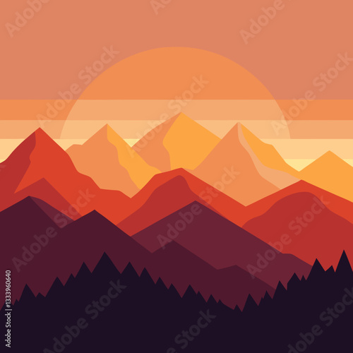 Minimalist Mountain Range – Layered Silhouettes at Peaceful Sunrise Vector Design