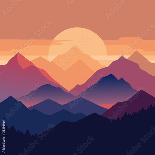 Minimalist Mountain Range – Layered Silhouettes at Peaceful Sunrise Vector Design