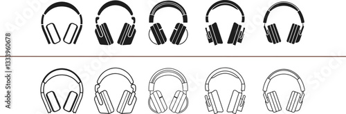 vector of black silhouette and outline set of headphones
