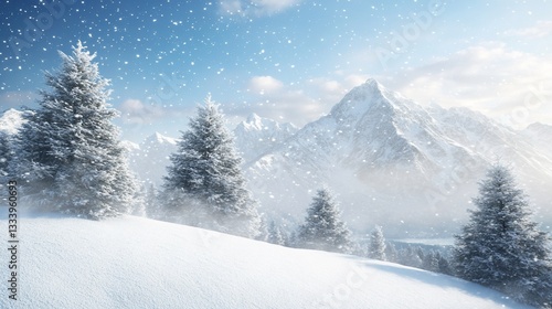 Wallpaper Mural Snowy mountain landscape, winter trees, snowfall, idyllic scene, holiday card Torontodigital.ca