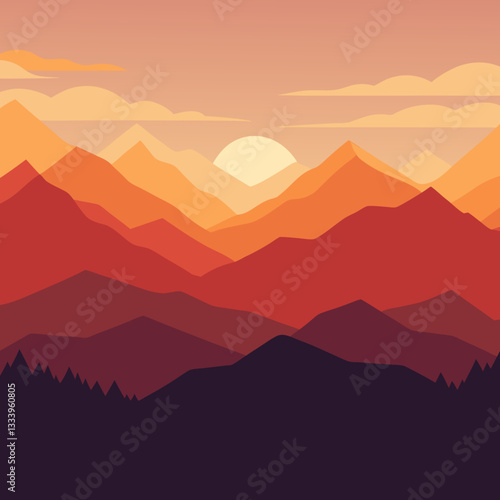 Minimalist Mountain Range – Layered Silhouettes at Peaceful Sunrise Vector Design