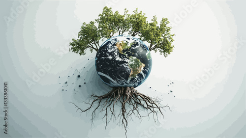 A digital composite image depicting a detailed globe at the center, appearing as the trunk of a tree.  The globe is surrounded by lush green leaves and branches forming a tree crown.  Extensive,