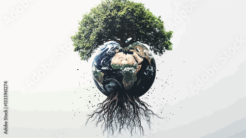 A digital composite image depicting a stylized tree with lush green foliage whose roots form the basis of the Earth, which is depicted as a partially visible globe. The image has a light gray