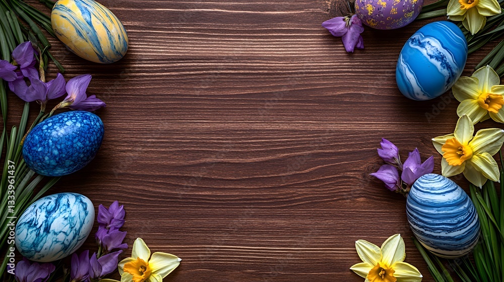 Easter Eggs and Spring Flowers on Wooden Background Easter Eggs and Spring Flowers on Wooden Background