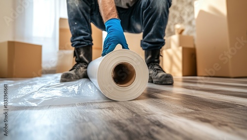 Worker Prepares Protective Floor Covering for Home Renovation Project During Moving Day