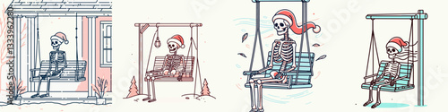 Skeleton wearing a Santa hat sits on a porch swing enjoying the breeze a minimalist vector graphic depicting a jolly holiday scene