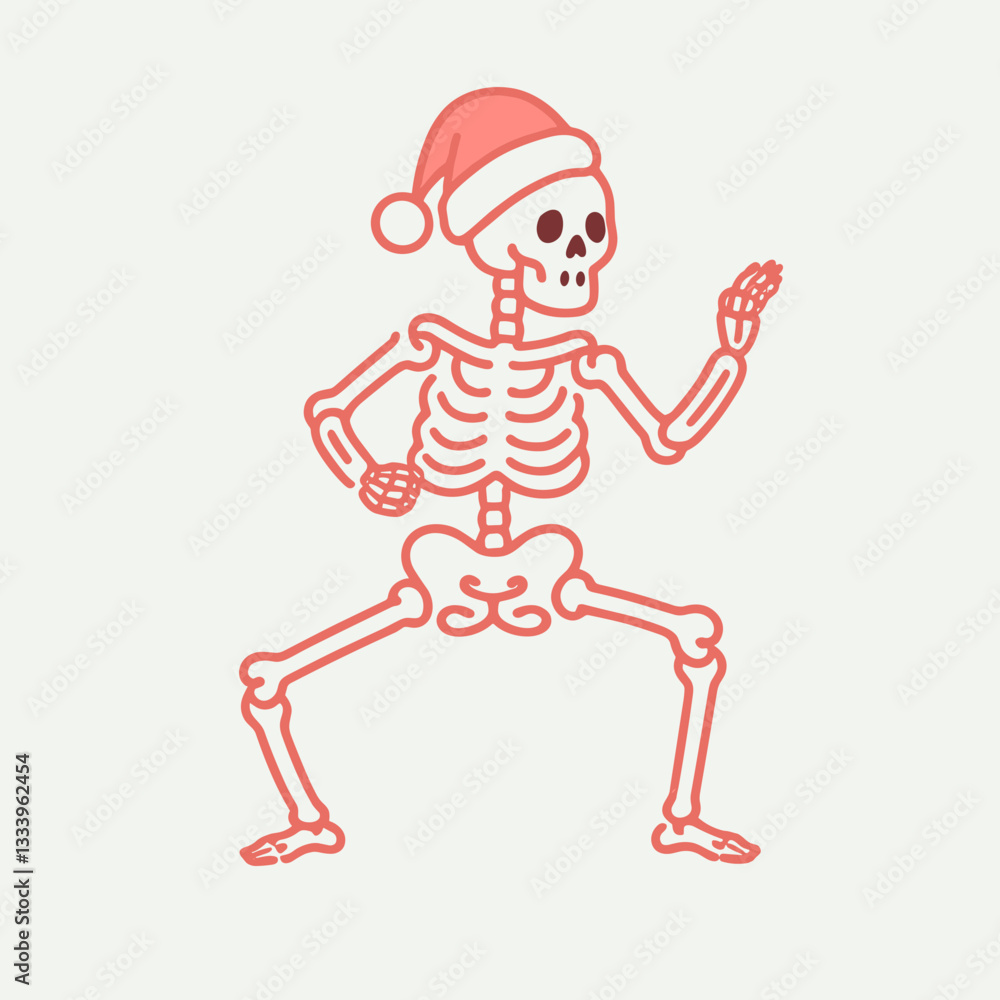 Skeleton wearing a Santa hat practicing slow Tai Chi movements a minimalist vector graphic for a festive holiday card Skeleton wearing a Santa hat practicing slow Tai Chi movements a minimalist vector graphic for a festive holiday card