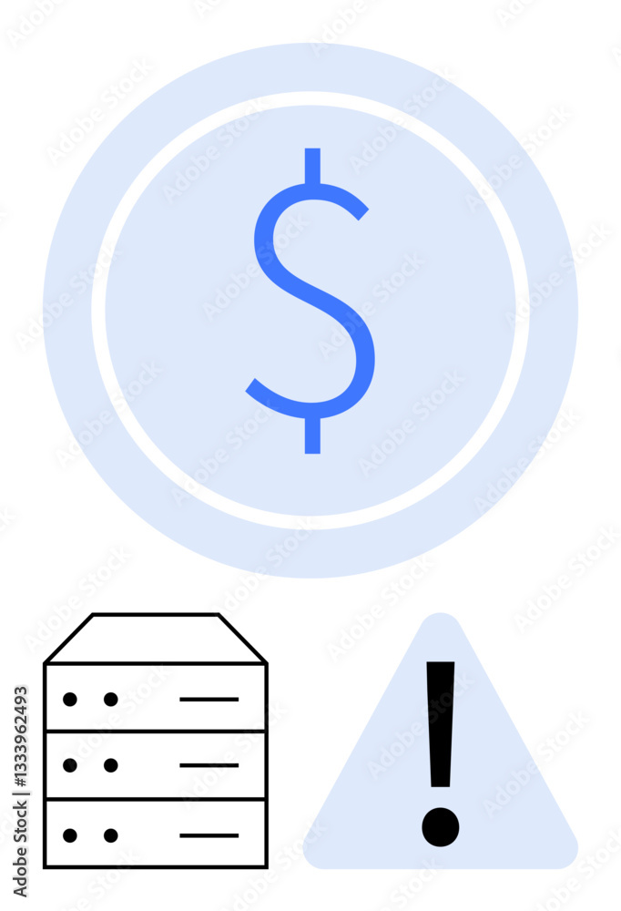 Large dollar sign in a circle above a black server stack and a warning triangle with an exclamation mark. Ideal for finance, technology, security, data risk, warnings, server management, alerts. Flat Large dollar sign in a circle above a black server stack and a warning triangle with an exclamation mark. Ideal for finance, technology, security, data risk, warnings, server management, alerts. Flat