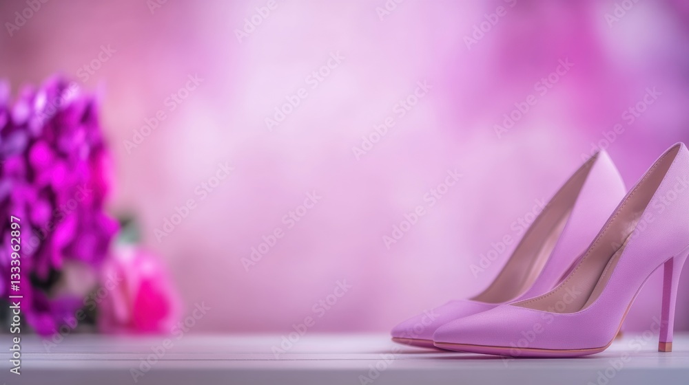 Elegant pink high heels rest on a table, featuring a soft and colorful floral background, creating a chic and fashionable ambiance Elegant pink high heels rest on a table, featuring a soft and colorful floral background, creating a chic and fashionable ambiance