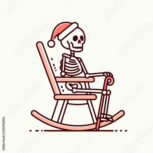 Skeleton wearing a Santa hat gently swaying in a rocking chair a minimalist vector graphic depicts a festive holiday scene