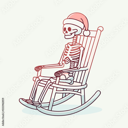 Skeleton wearing a Santa hat gently swaying in a rocking chair minimalist vector graphic a jolly holiday scene