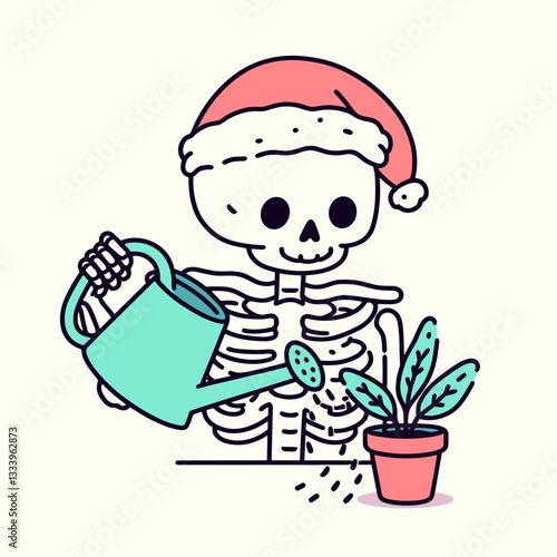 Skeleton wearing a Santa hat gardens and waters plants a minimalist monochrome vector illustration for a Christmas holiday card
