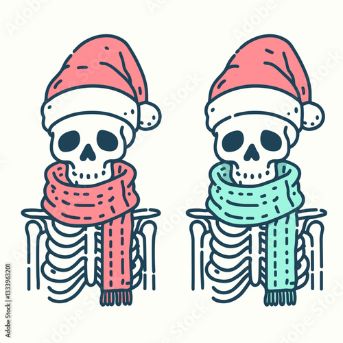 Skeleton wearing a Santa hat and scarf  a minimalist vector drawing of a jolly holiday skeleton