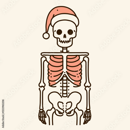 Skeleton wearing a Santa hat on its pelvis vector graphic simple minimalist silhouette doodle for a festive Christmas holiday design