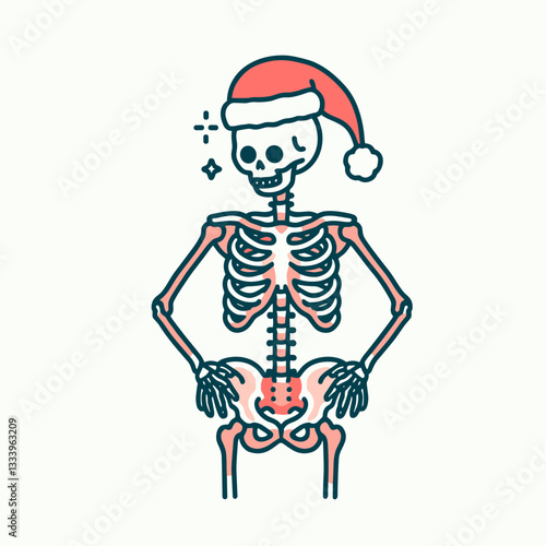 Skeleton wearing a Santa hat on its pelvis a simple monochrome vector illustration for a festive holiday graphic