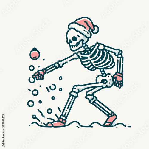 Skeleton wearing a Santa hat throws snowballs a minimalist vector graphic depicting a jolly skeletal holiday scene