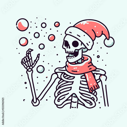 Skeleton wearing a Santa hat throws snowballs a minimalist vector graphic depicting jolly skeletal winter fun
