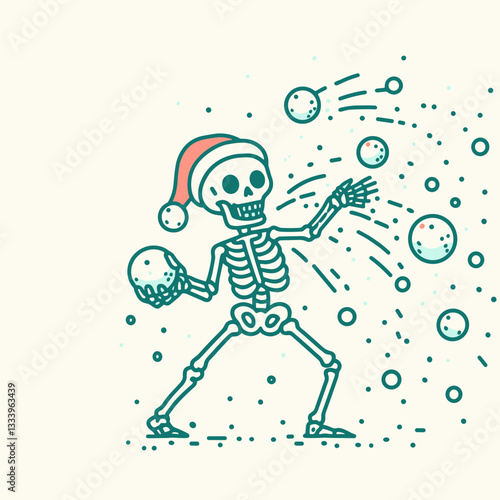 Skeleton wearing a Santa hat throws snowballs a minimalist monochrome vector graphic depicting a jolly skeletal holiday scene