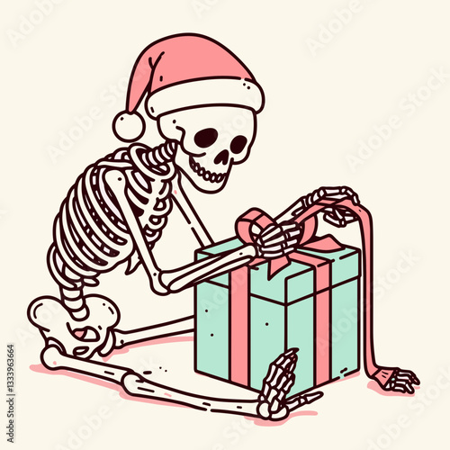 Skeleton wearing a Santa hat struggles to wrap a gift minimalist vector graphic depicting a funny Christmas scene