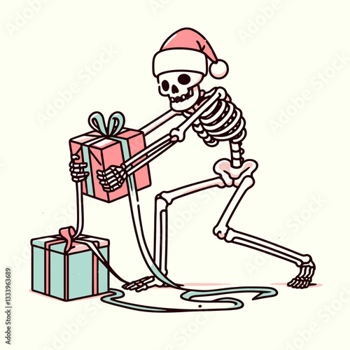 Skeleton wearing a Santa hat struggles to wrap a gift minimalist vector illustration for a Christmas card