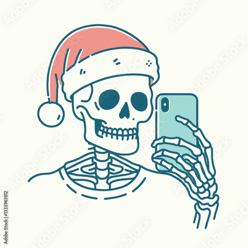 Skeleton wear santa hat selfie minimalist graphic doodle for a festive holiday card