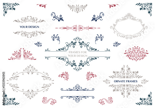Set of decorative elements for design. Hand drawn ornate frames, borders, dividers. Vintage vector collection.