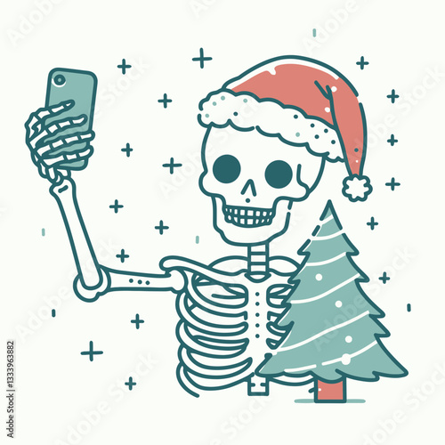 Skeleton wearing a Santa hat takes a selfie with a Christmas tree a minimalist vector graphic