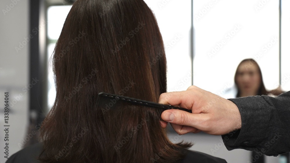 Professional hairdresser carefully combing sleek brown hair, working precisely within bright modern salon setting, preparing for transformative styling session