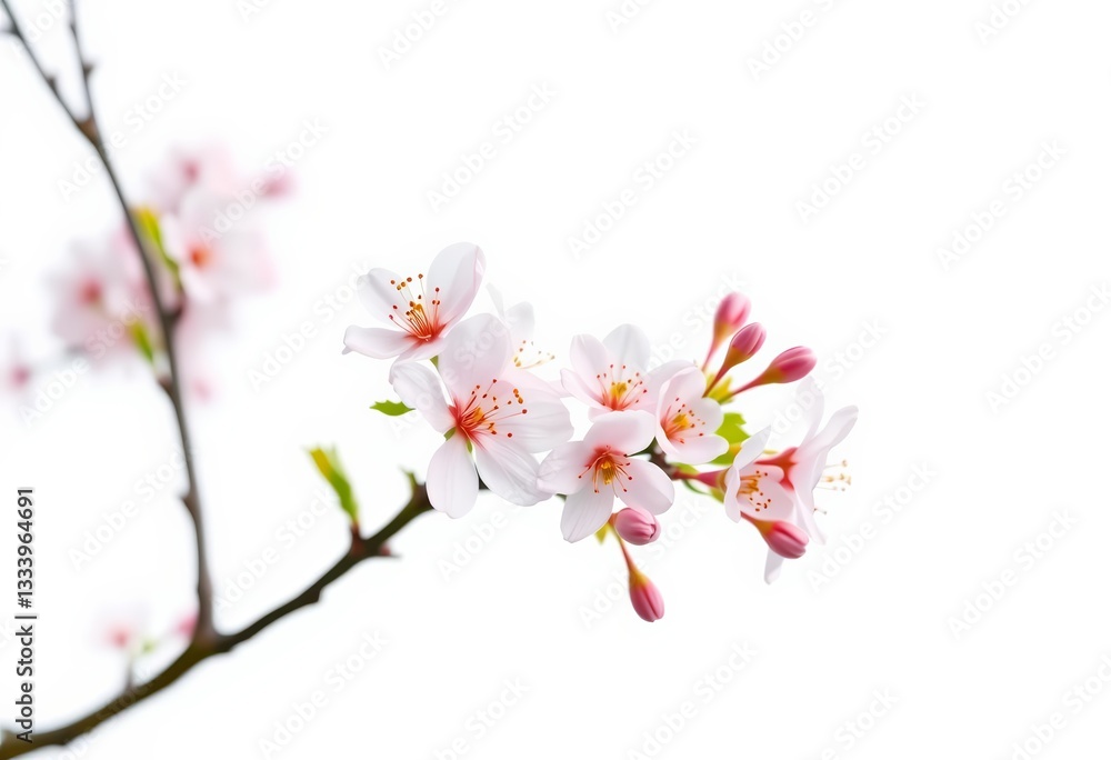Fototapeta premium Single cherry blossom tree isolated on white background, ample copy space, petals, wallpaper
